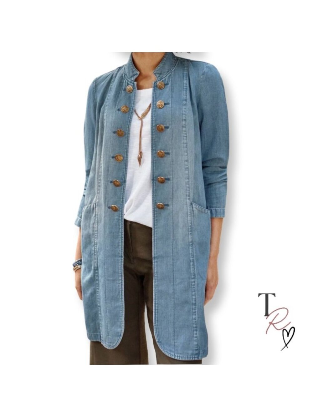 Denim Longline Military Jacket Cotton Linen Gold Crest Buttons Long Blazer XS